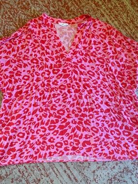 Pink & Red Leopard Print V-Neck Tunic Top